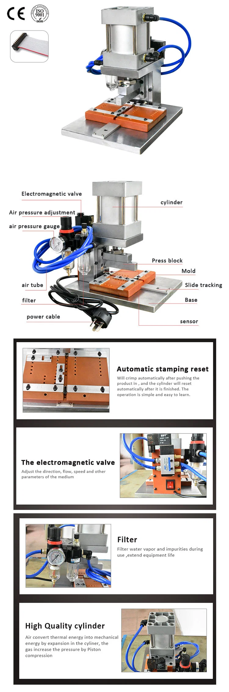4-64p Idc Flat Ribbon Cable Connector Crimping Machine, Ffc Wire Pneumatic Press Automatic Stamping Machine, Semi-automatik 4-60 Pin Ribbon Cable Fe-male Connector Crimping Machine Untuk Mesin Crimp Kabel Rata Idc