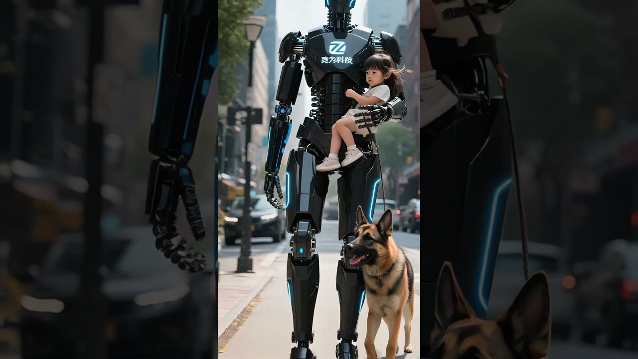 Humanoid robot bærer lille pige på byens gader